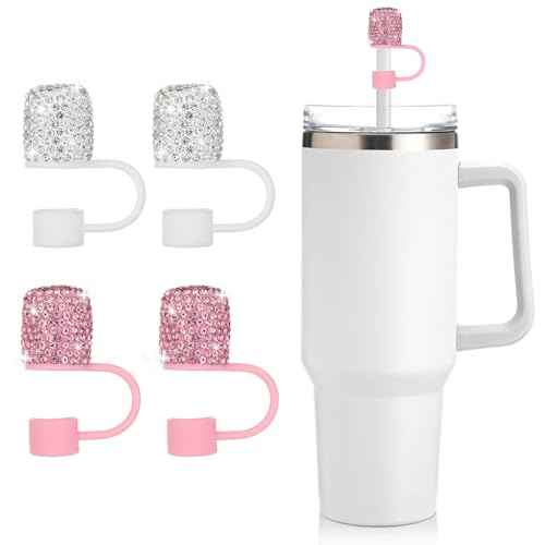 Bling Rhinestones Straw Cover Set - 4 Pack Straws Cap for Stanley 30&40oz Tumblers, Includes Pink & Silver, Silicone Straw Toppers for Water Bottle Accessories