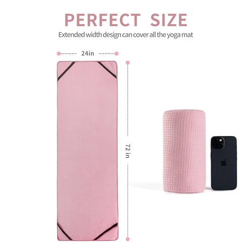 Pink Microfiber Hot Yoga Towel Mat 24x72 Inches Non-Slip Silicone Grip