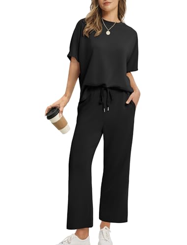 Sampeel Women's Summer Two Piece Sets Black XL Oversized Wide Leg Crop Pants Lounge Outfits