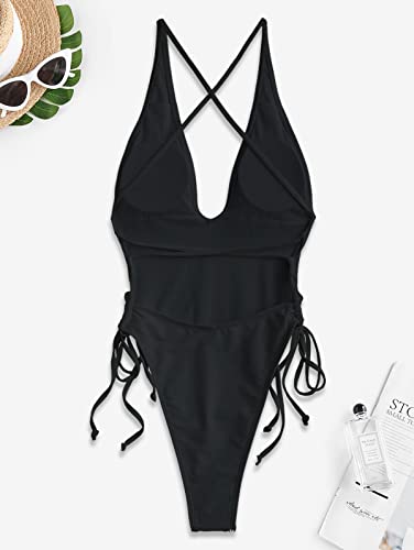Women's Plunge One-Piece Swimsuit High Cut Thong Bathing Suit Medium Black