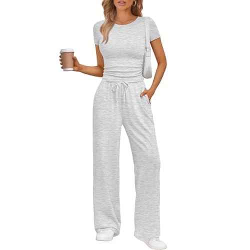 Trendy Queen 2 Piece Matching Summer Sweatsuit Lounge Set Womens Wide Leg Pants Side Ruching Crop Top Sets