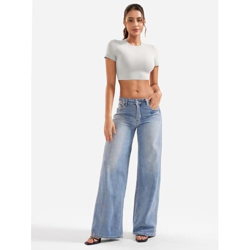 VOYJOY Womens Double Lined Fitted Short Sleeve Crop Tops Crew Neck Casual Workout T Shirts Cute Basic Tee