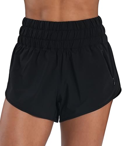 Sunzel Women's High Waist Running Shorts with Liner & Zipper Pocket - Medium Black