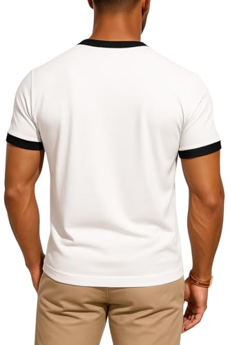Men's Ringer T-Shirt - 100% Cotton Short Sleeve Tee for Men - Medium White & Black