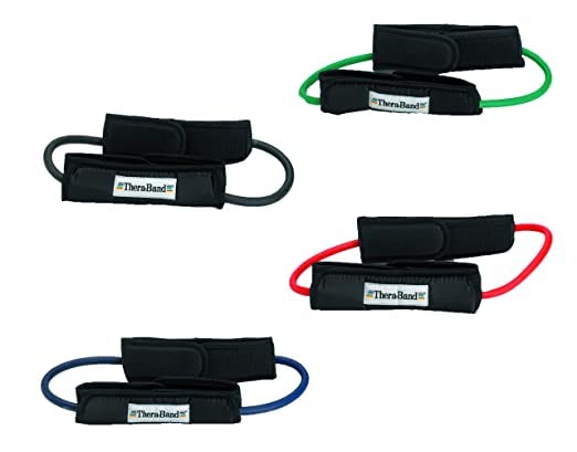 THERABAND Resistance Tubes, Professional Latex Elastic Tubing For Physical Therapy, Lower Pilates, At-Home Workouts, & Rehab, 12 Inch With Padded Cuffs, Green, Heavy, Intermediate Level 1
