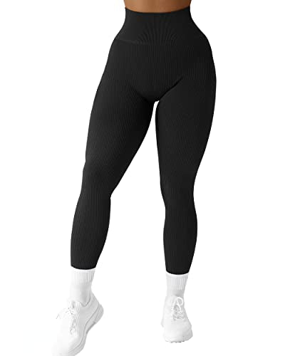 Women Ribbed Seamless High Waisted Workout Leggings - Medium, Black