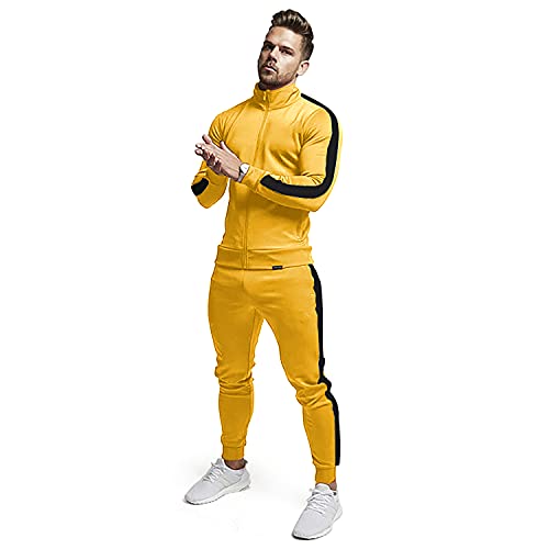 Men's Track Suit 2-Piece Full Zip Jogging Set Yellow+Black Medium