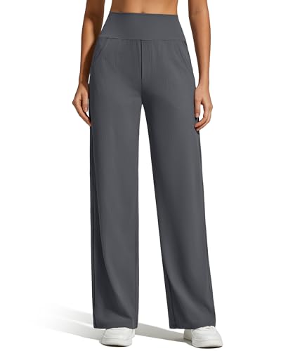 G4Free Ribbed Knit Wide Leg Pants Women with Pockets 32-Inch Inseam Dark Gray