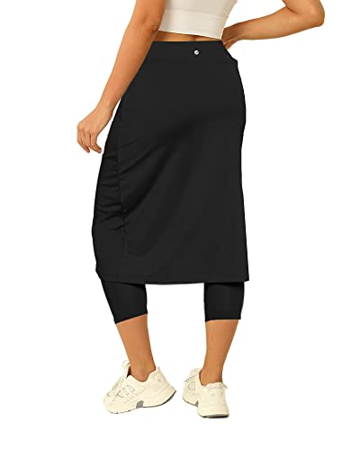 Women's Tennis Skirt with Capris Leggings, Knee Length Athletic Skort - Medium Black