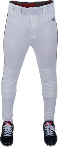Rawlings Boy's Launch Baseball Pants - Tapered Jogger Fit with Piped Colors - White/Black Large