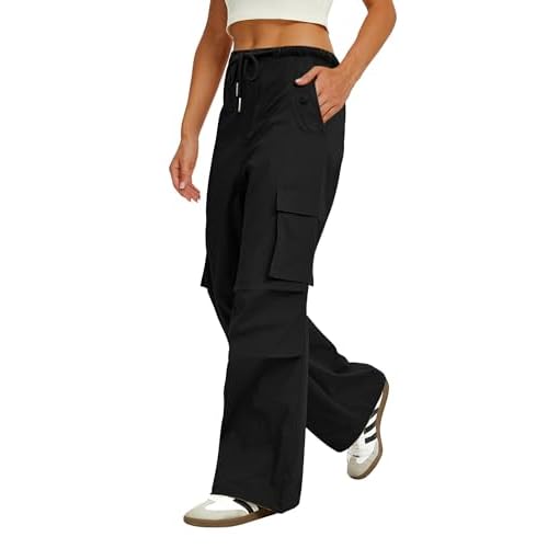 Womens Cargo Pants Elastic Waist Wide Leg Parachute Pants with 4 Pockets Baggy Hiking Trousers Travel Y2K Waterproof