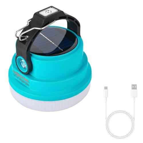 Solar Camping Lantern Rechargeable, 2-in-1 10000mAh Rechargeable Camping Light and Phone Charger for Hiking,Travel - Emergency Hanging Light for Hurricane, Power Outage, 100W, Blue
