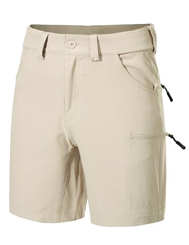 Mens 7 Inch Inseam Water-Resistant Cargo Shorts with Elastic Waist - Large Khaki