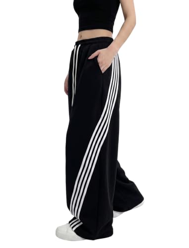 Women's Wide Leg Sweatpants Baggy Barrel Y2K Lounge Pants - Medium Black with White Stripes