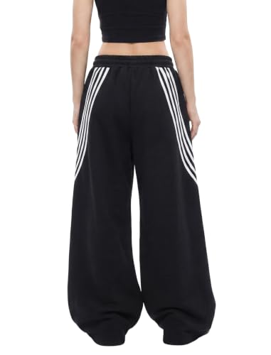 Women's Wide Leg Sweatpants Baggy Barrel Y2K Lounge Pants - Medium Black with White Stripes
