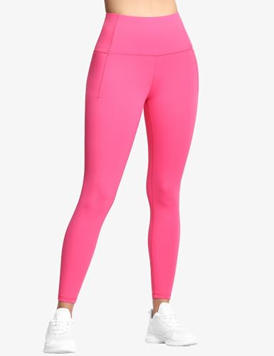 Women Tummy Control Yoga Leggings with Pockets - Full Length, Medium, Bright Pink