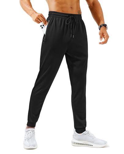 X-Large Mens Athletic Joggers with Zipper Pockets Lightweight Workout Sweatpants - Black