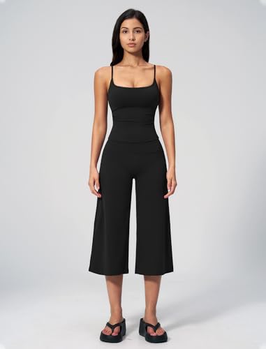 Women's Workout Set Spaghetti Strap Crop Top & Wide Leg Capri Pants - Medium Black