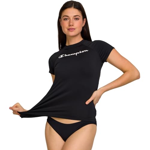 Champion Women's Short Sleeve Rash Guard Black Medium UPF 50+ Swim Shirt