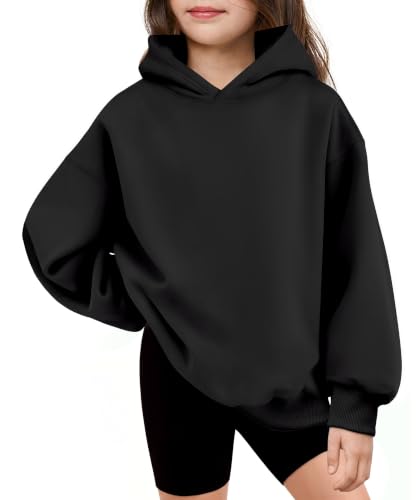 Girls Oversized Fleece Hoodie - Casual Pullover Sweatshirt for 11-12 Years - Black