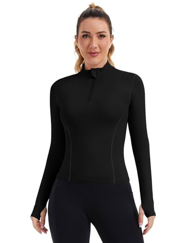 Women’s Quarter Zip Pullover Crop Top - Slim Fit Long Sleeve Workout Shirt Medium Black