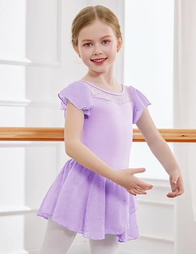 Girls Ballet Leotard with Ruffle Sleeves and Sparkle Details - Light Purple, 8-9 Years