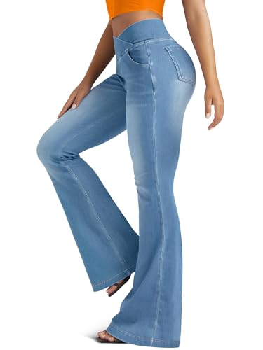 X-Large Light Blue Knit High Waist Bell Bottom Yoga Leggings with Pockets