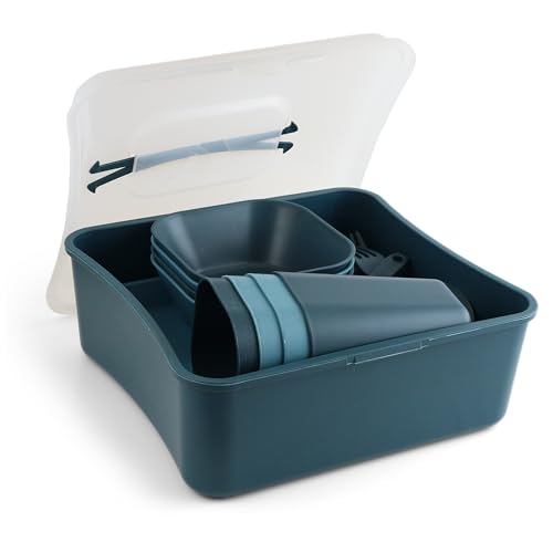 Coghlan's 4-Person Tableware Set for Camping and Outdoor Dining - Durable, Lightweight, Dishwasher Safe, Reusable, Includes Plates, Cups, Bowls, Cutlery in Portable Storage Container with Carry Handle