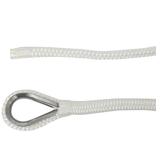 NovelBee 3/8" x 200' Nylon Anchor Rope - White Double Braid Marine Line with Stainless Steel Thimble