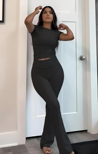 ZFLM Casual Workout Two Piece Outfits for Women Black Medium - Crop Top & Flare Pants Set