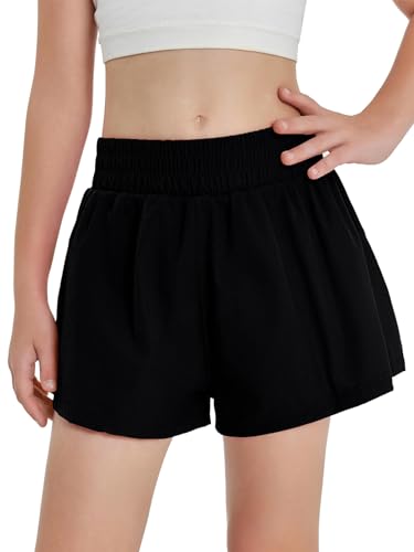 Girls High Waist Athletic Shorts 2-in-1 Running Shorts for 10-12 Years - Black