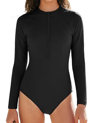 Girls One Piece Swimsuit with Zipper Rash Guard Long Sleeve Bathing Suit UPF50+ Sun Protection - Black, 13-14 Years