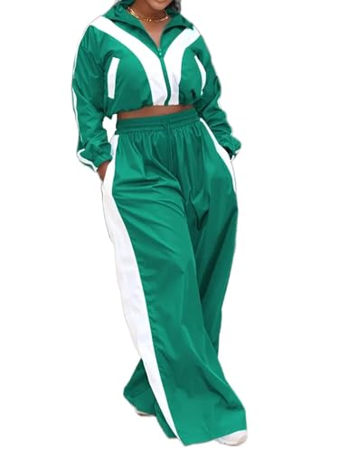 Women’s Track Suit Set Small Green Windbreaker Crop Jacket Wide Leg Pants