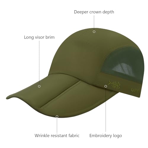 Folding Fishing Hat UPF 50+ Water-Resistant Baseball Cap for Men Women - Olive Green, One Size