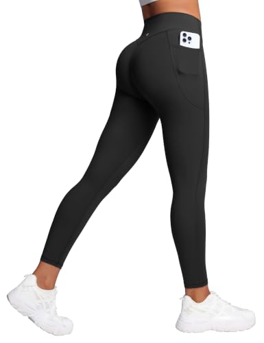 Women's Workout Leggings with Pockets - 25 Inch, Medium, Black