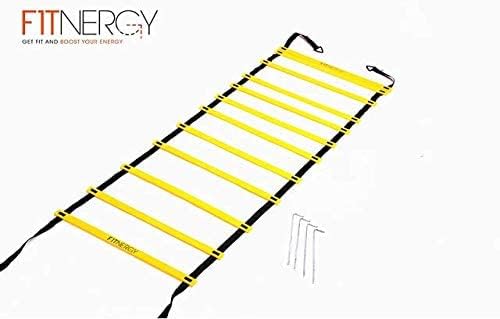 Speed and Agility Ladder Training Equipment Yellow 12 Rung Ladder Free Carrying Bag + 10 Speed Cones (5 Orange + 5 Yellow) + 4 Pegs & D-Rings Soccer Football