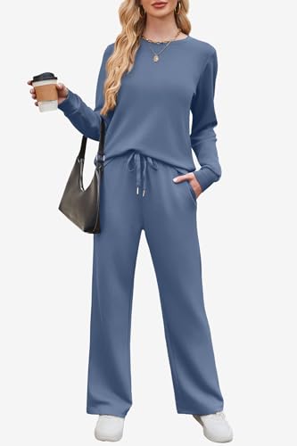 WIHOLL Lounge Sets for Women 2-Piece Travel Outfits Fall 2026 Sweatsuit Tracksuit Medium Grey Blue