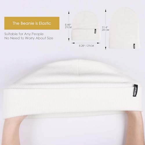 Unisex Knit Beanie Hat for Men Women - Cream White, One Size Winter Cuffed Skull Cap