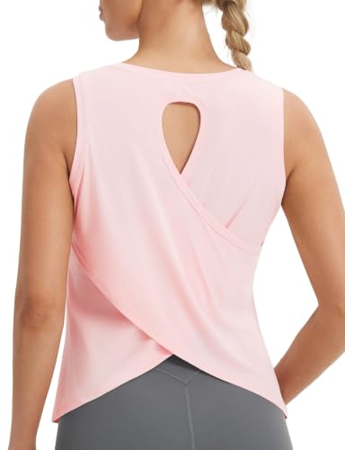 Pink Women's Workout Tank Top - Loose Fit Open Back Activewear UPF50+ Small