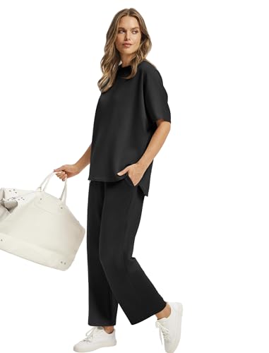 Sampeel Women's Summer Two Piece Sets Black XL Oversized Wide Leg Crop Pants Lounge Outfits