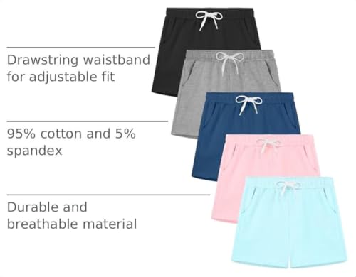 Girls Athletic Shorts 5 Pack Cotton with Pockets - Sizes 2-16Y