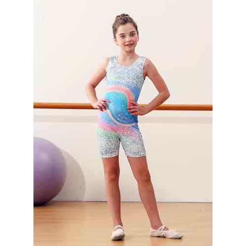 2 Packs Gymnastics Leotards for Girls Mermaid Leopard Dance Leotard Kids Biketard with Shorts