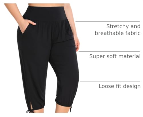 2X ZERDOCEAN Women's Plus Size Yoga Capri Pants Lounge Joggers with Pockets Black