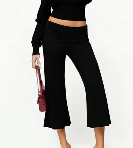 Women Foldover Gauchos Pants Small Black Wide Leg Culottes Cropped Bottom