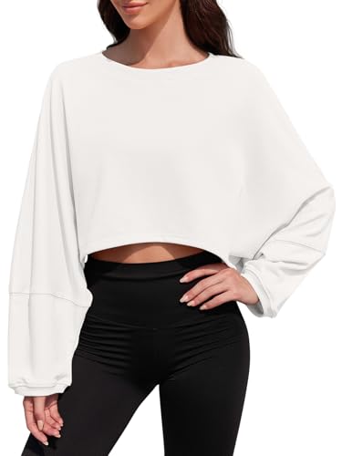 Tankaneo Women's Long Sleeve Yoga Crop Top Fall Sweatshirt - Small White