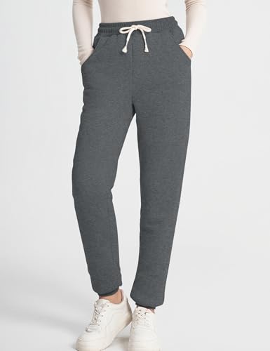Flygo Womens Winter Fleece Joggers with Pockets - Sherpa Lined Pants, Small Dark Grey