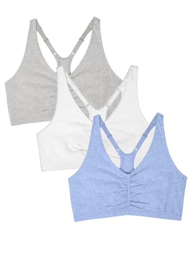 Women's Adjustable Shirred Front Racerback Sports Bra Multi Pack - Heather Grey, White, Blue Gem, 36
