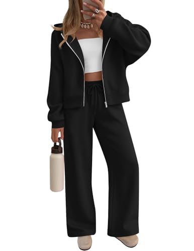 ZESICA Women's 2 Piece Zip Up Sweat Set - Fall Airport Travel Outfit Medium Black