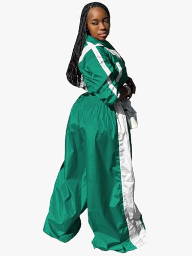 Women’s Track Suit Set Small Green Windbreaker Crop Jacket Wide Leg Pants