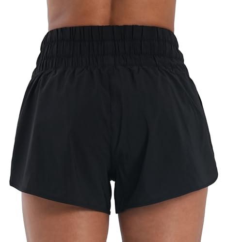 Sunzel Women's High Waist Running Shorts with Liner & Zipper Pocket - Medium Black